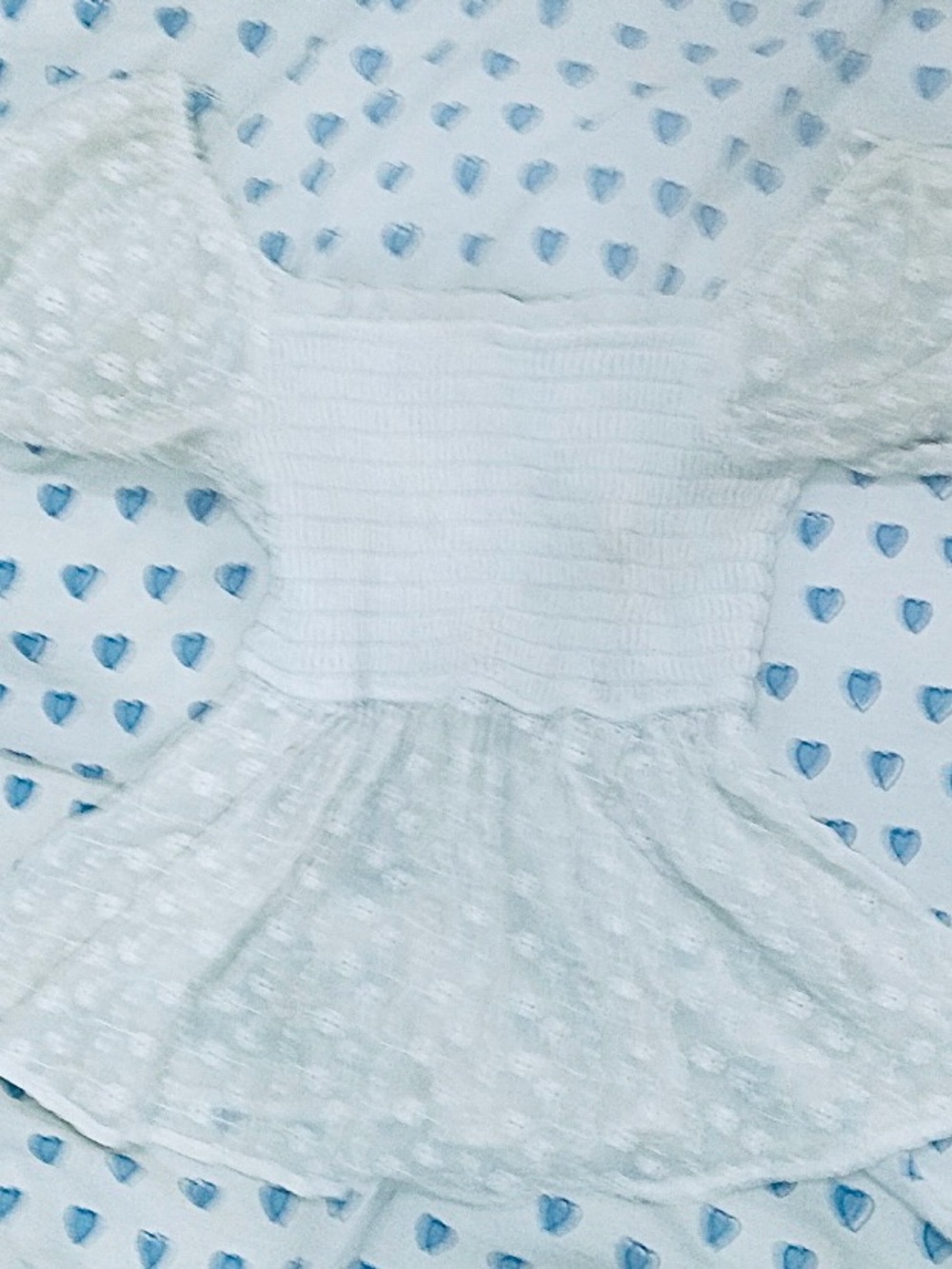 White Smocked Lace Midi Dress with Puff Sleeves
